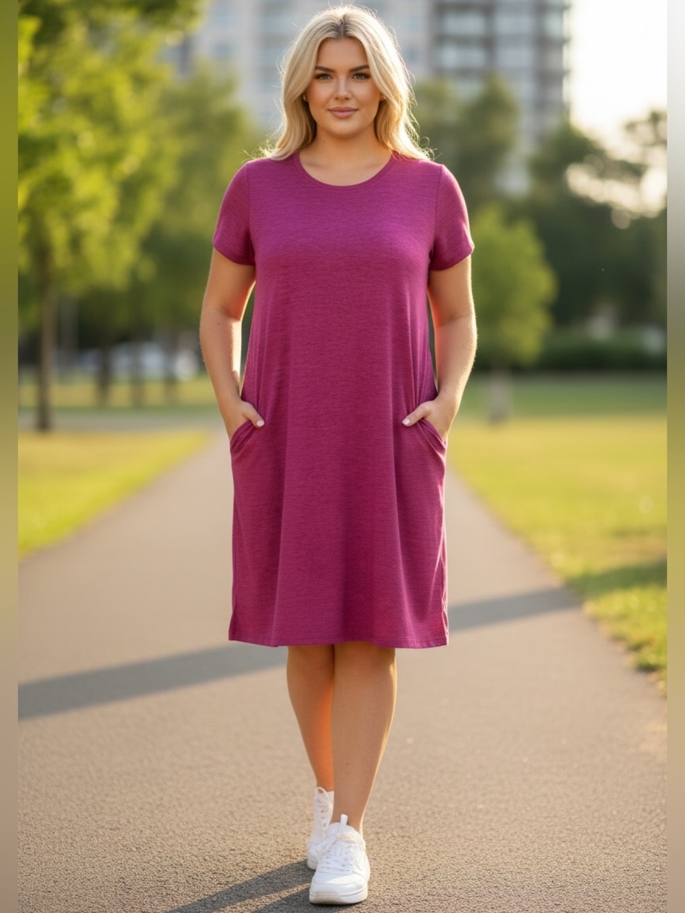 HYBA, Dry Lux Fuchsia Heathered T-Shirt Dress, XL, Pockets, Stretch Activewear